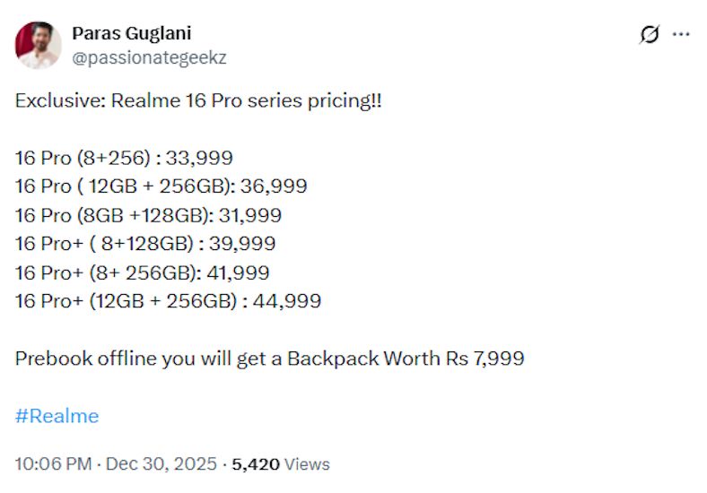 Screenshot of X post leaking Realme 16 Pro price in India