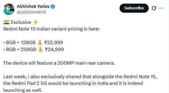 Screenshot of an X post revealing Redmi Note 15 5G India pricing