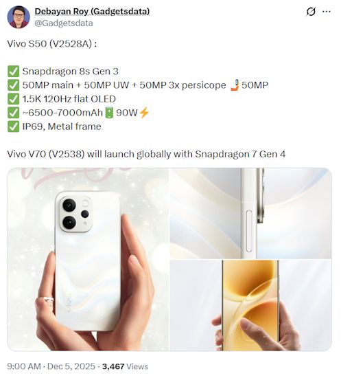 Vivo S50 specs leaked