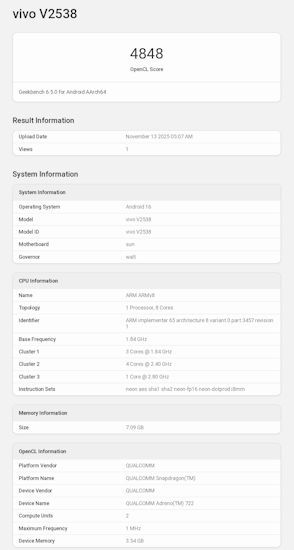 Vivo V70 Geekbench OpenCL listing