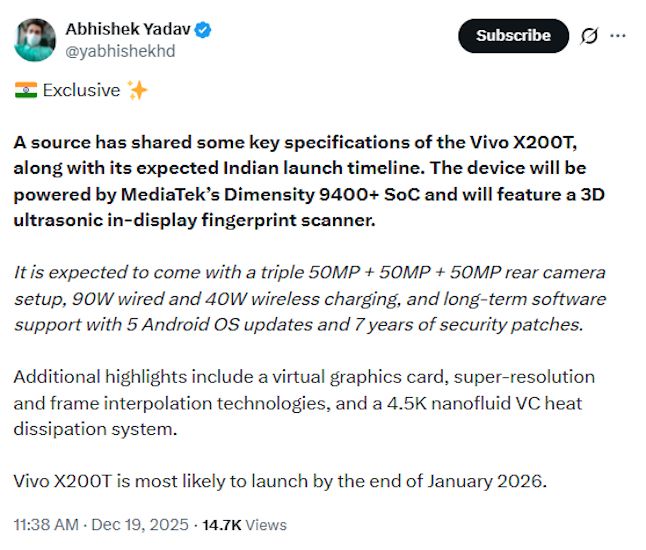 Screenshot of X post detailing Vivo X200T specifications