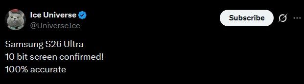 Samsung Galaxy S26 Ultra 10-bit confirmation Samsung Galaxy S26 Ultra 10-bit confirmation