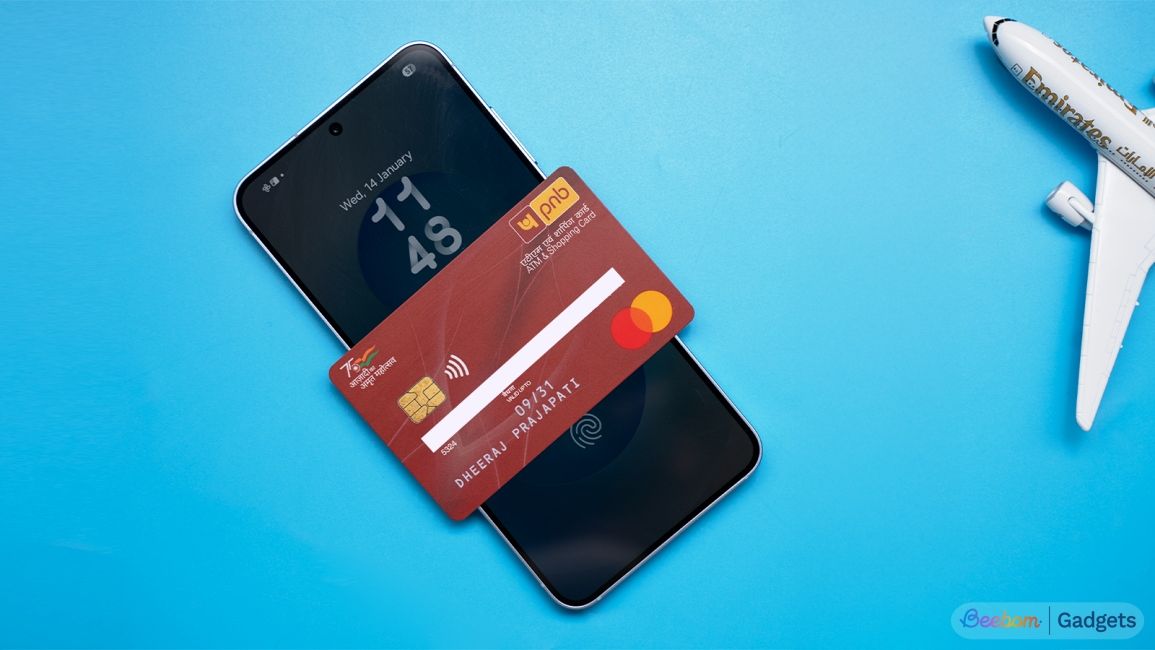 Samsung phone with a credit card on top