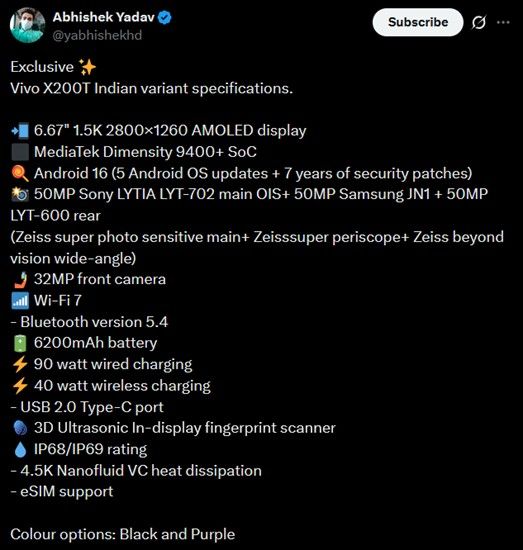 Information about the Vivo X200T specifications Information about the Vivo X200T specifications