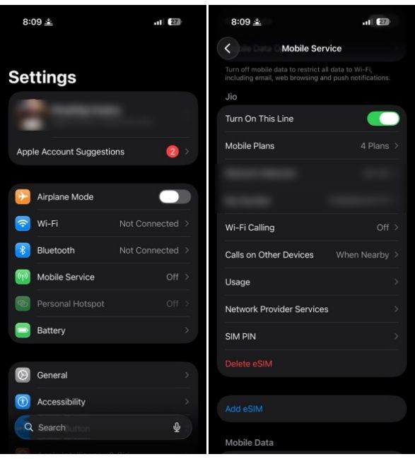 iPhone Settings Menu with add e-sim option