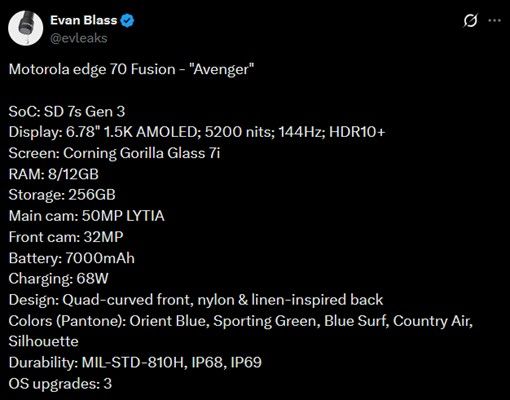 Edge 70 Fusion specs by Evan Blass on X Edge 70 Fusion specs by Evan Blass on X
