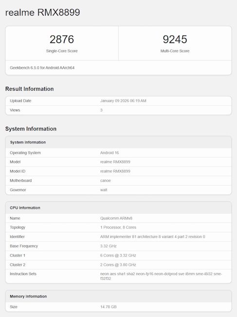 Realme Neo 8 Geekbench listing