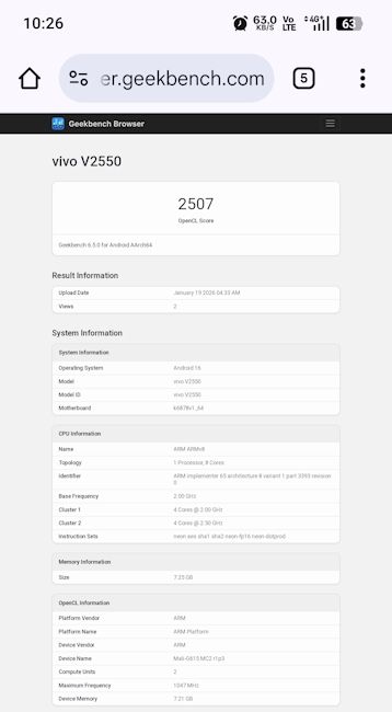 Vivo V70 FE Geekbench listing