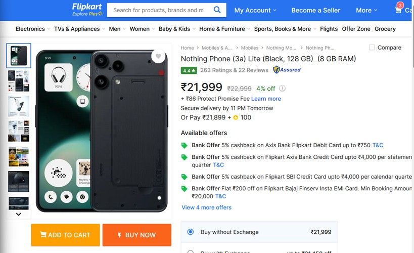 Screenshot of Nothing Phone (3a) Lite Flipkart listing