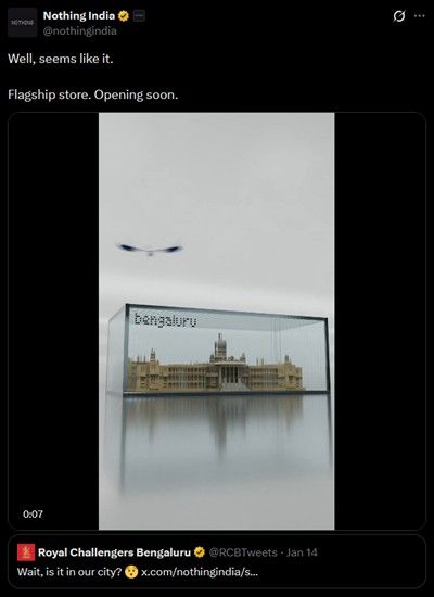 Screenshot of the Nothing India X post about flagship store in Bengaluru Screenshot of the Nothing India X post about flagship store in Bengaluru