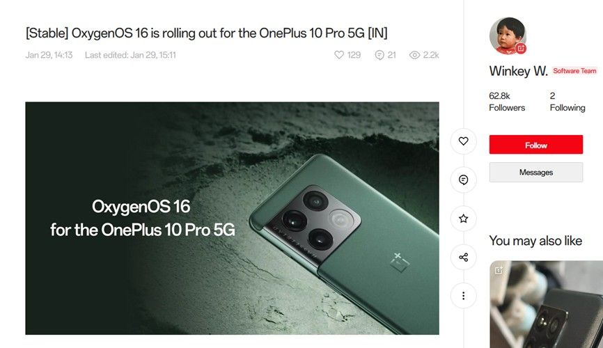OnePlus community OnePlus 10 Pro OxygenOS 16 post