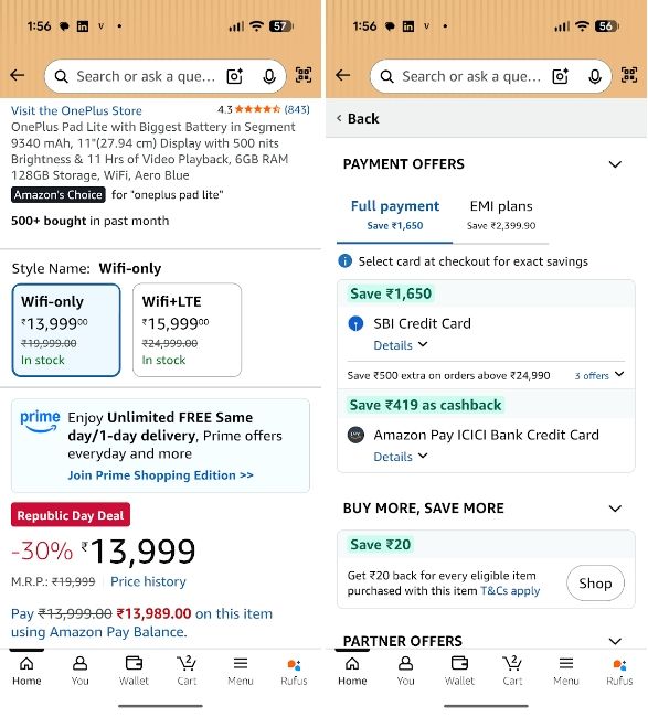 Amazon OnePlus Pad Lite sale listing with cashback offers