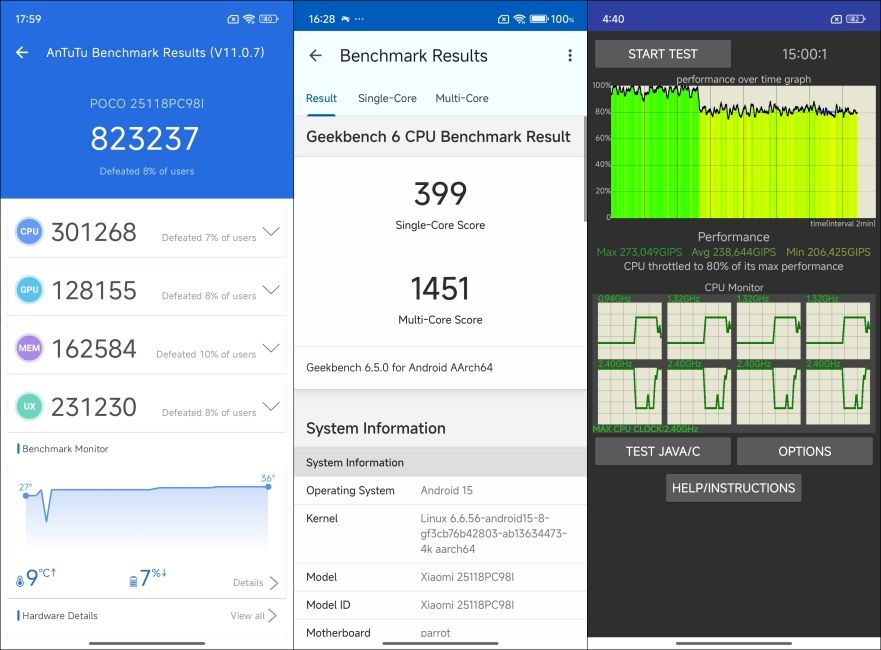POCO M8 Benchmark Screenshots side by side