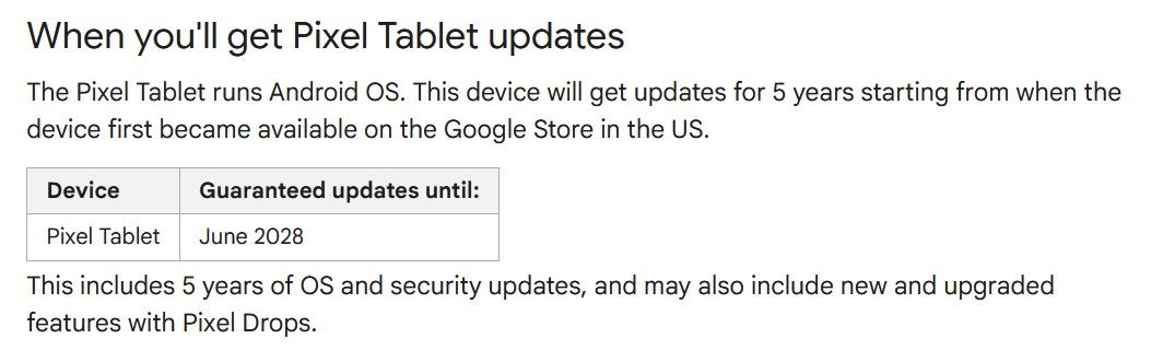 Google Pixel Tablet support page with number of updates