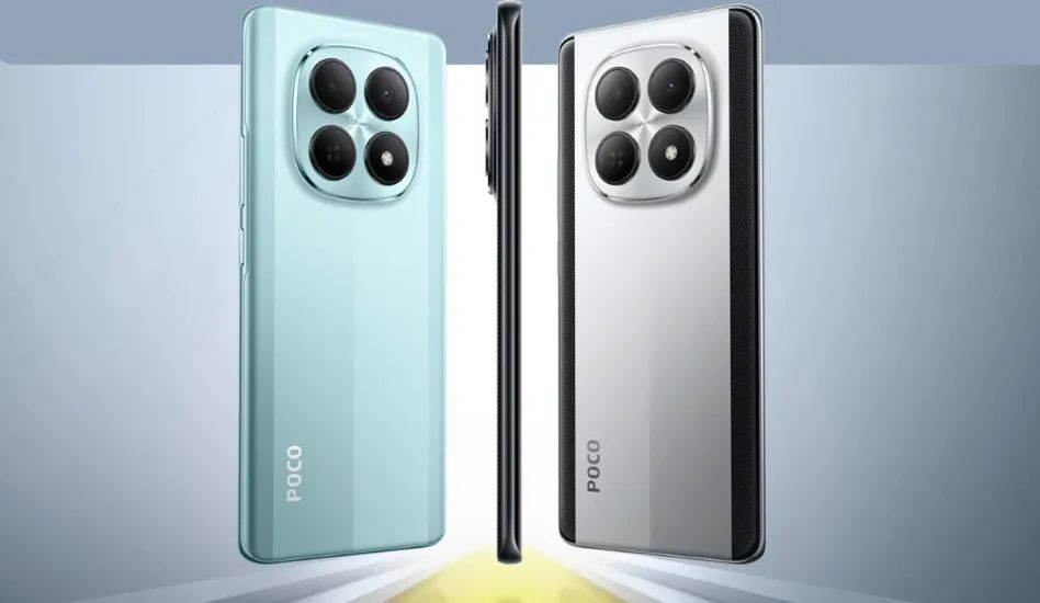 Poco M8 5G Glacial Blue and Frost Silver back and side design Poco M8 5G Glacial Blue and Frost Silver back and side design