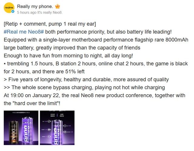 Realme account on Weibo with battery capacities