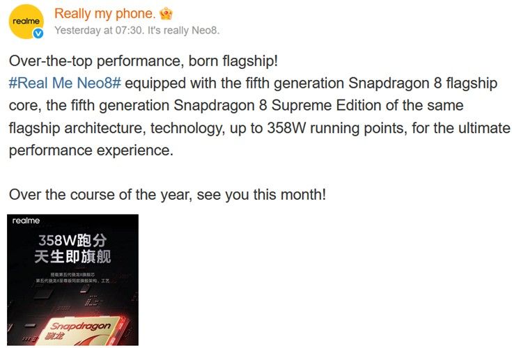 Realme on Weibo with Realme Neo 8 processor information