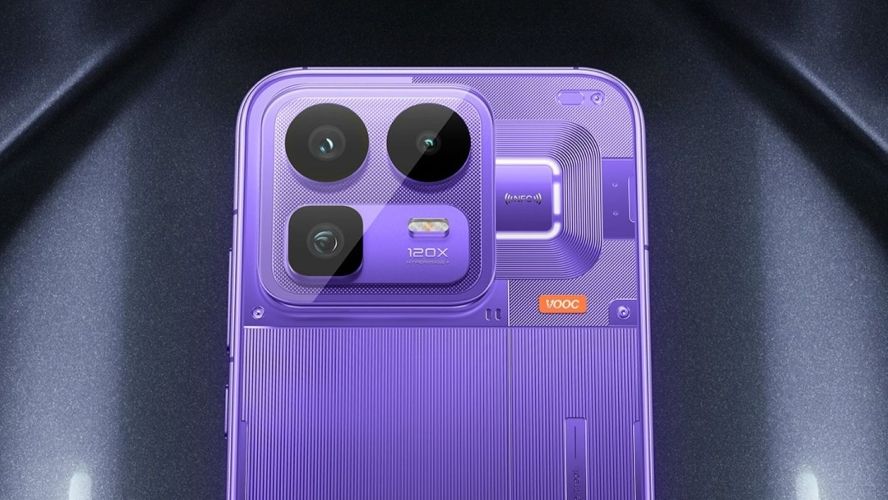 Close up shot of Realme Neo 8 smartphone in purple colourway from the back