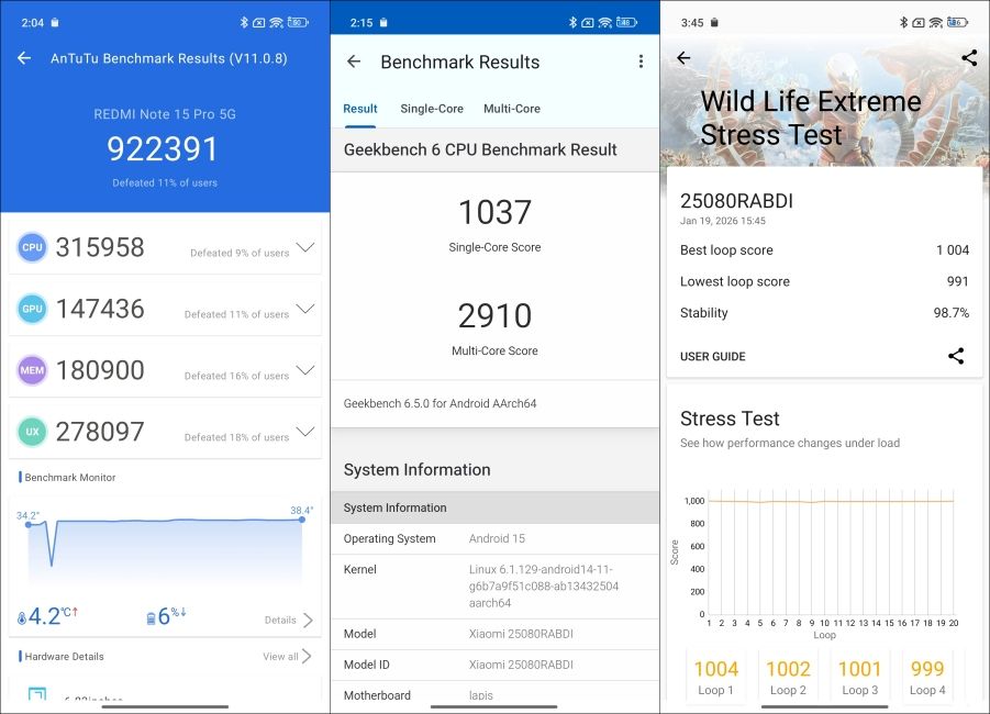 Redmi Note 15 Pro Benchmarks screenshots side by side