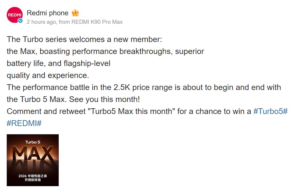 Redmi Turbo 5 Max teased for China