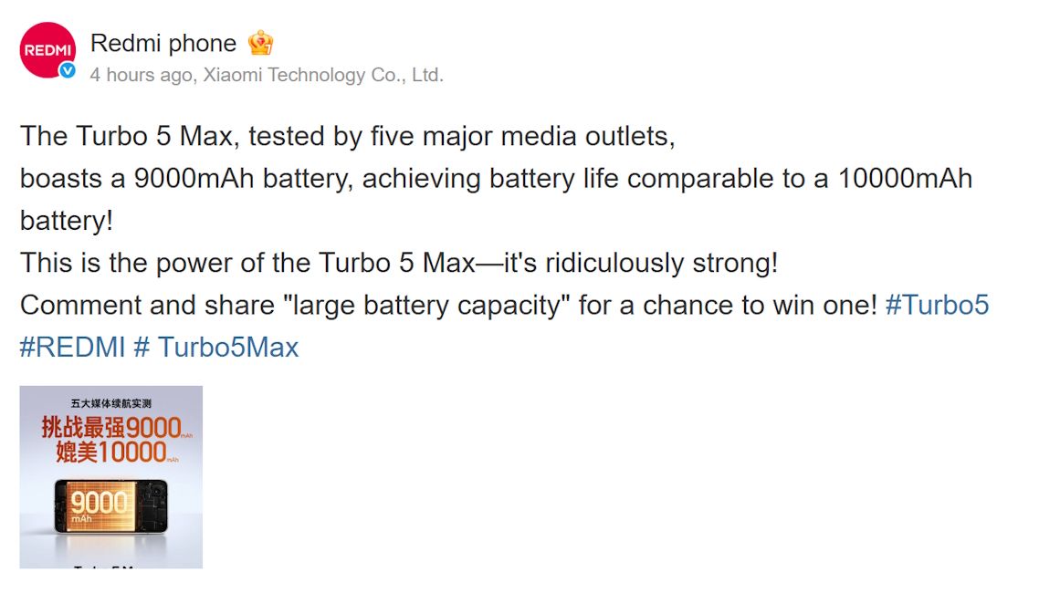 Redmi Turbo 5 Max battery and charging details