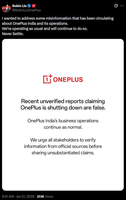 OnePlus India shutdown claims refuted by CEO OnePlus India shutdown claims refuted by CEO