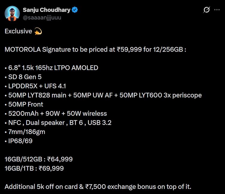 Motorola Signature India pricing leak Motorola Signature India pricing leak