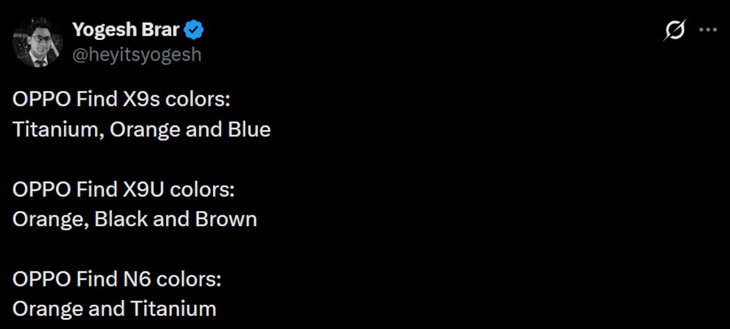 Oppo Find X9 Ultra,Find X9s and Find N6 colours leaked