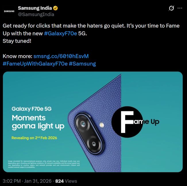 Samsung Galaxy F70e 5G teased in India Samsung Galaxy F70e 5G teased in India