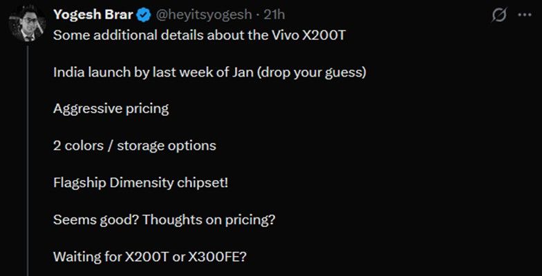 Vivo X200T India launch information Vivo X200T India launch information