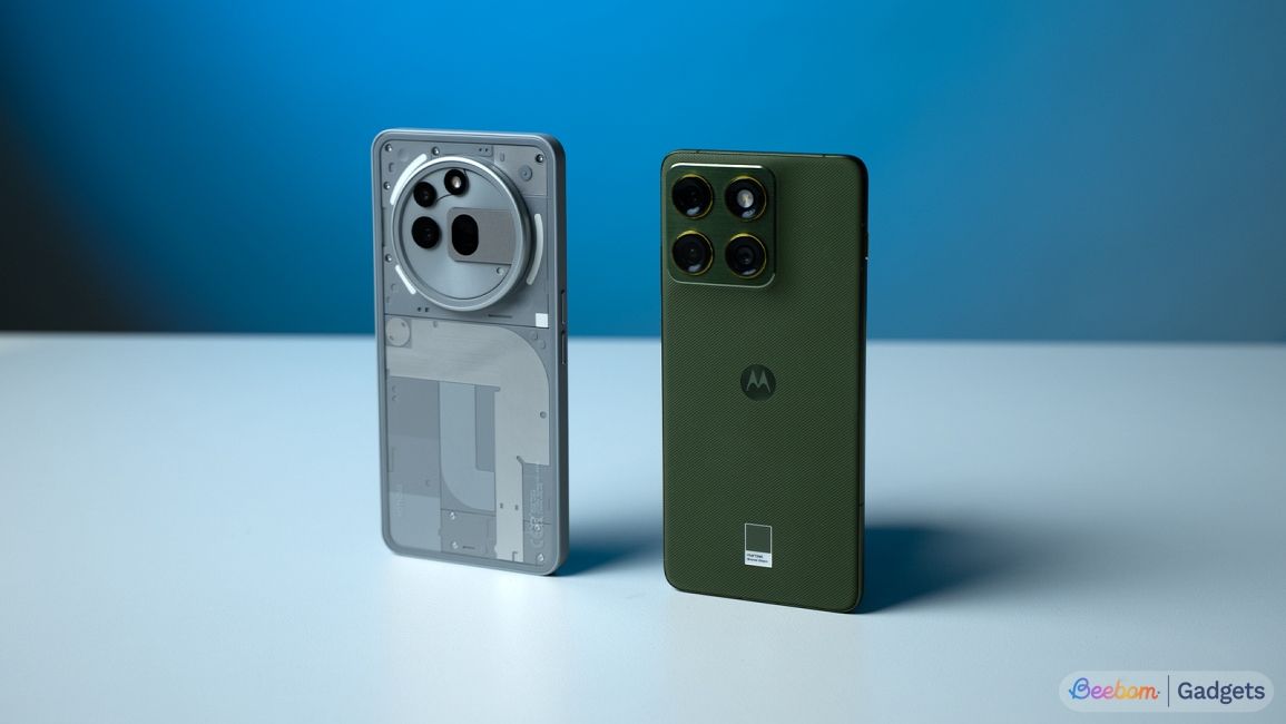 Nothing Phone (3a) Pro beside a Motorola smartphone
