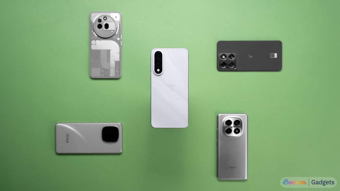 OnePlus Nord 5 in the middle surrounded by other phones