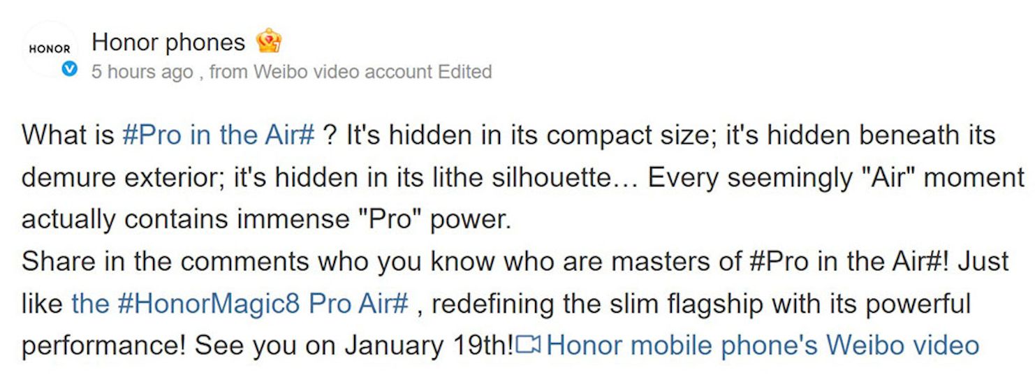 Screenshot of official Honor Weibo post teasing Magic 8 Pro Air launch Screenshot of official Honor Weibo post teasing Magic 8 Pro Air launch