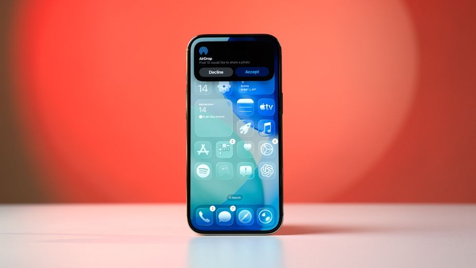 iPhone standing upright on a table with AirDrop share request popup