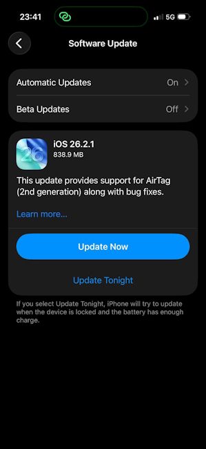 Screenshot of iOS 26.2.1 update page