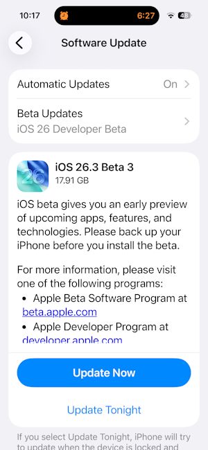 iOS 26.3 Beta 3 update page screenshot