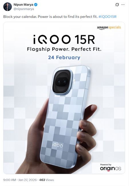 Screenshot of iQOO 15R India launch date X confirmation post