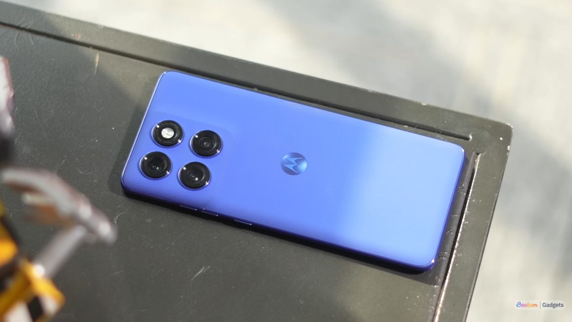 Motorola Edge 60 Pro blue back design showcased while placed on a desk
