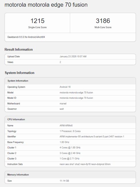 Motorola Edge 70 Fusion Geekbench CPU