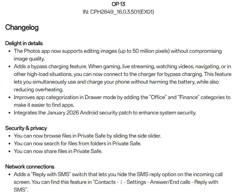 OnePlus 13 new Oxygen OS 16 January 2026 update changelog