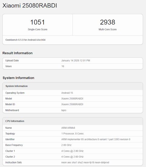 Screenshot of Redmi Note 15 Pro Geekbench listing