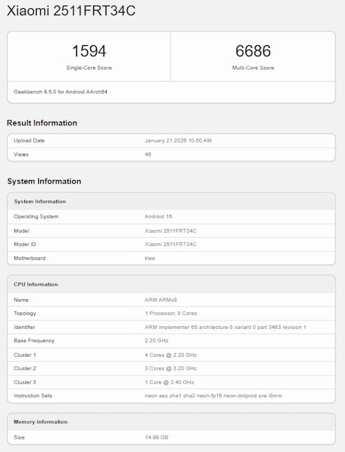 Redmi Turbo 5 Geekbench listing Redmi Turbo 5 Geekbench listing