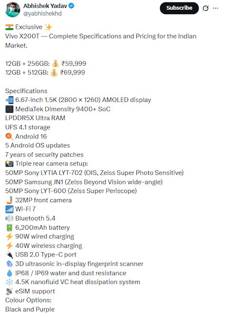 Screenshot of Vivo X200T specs and price in India leak on X