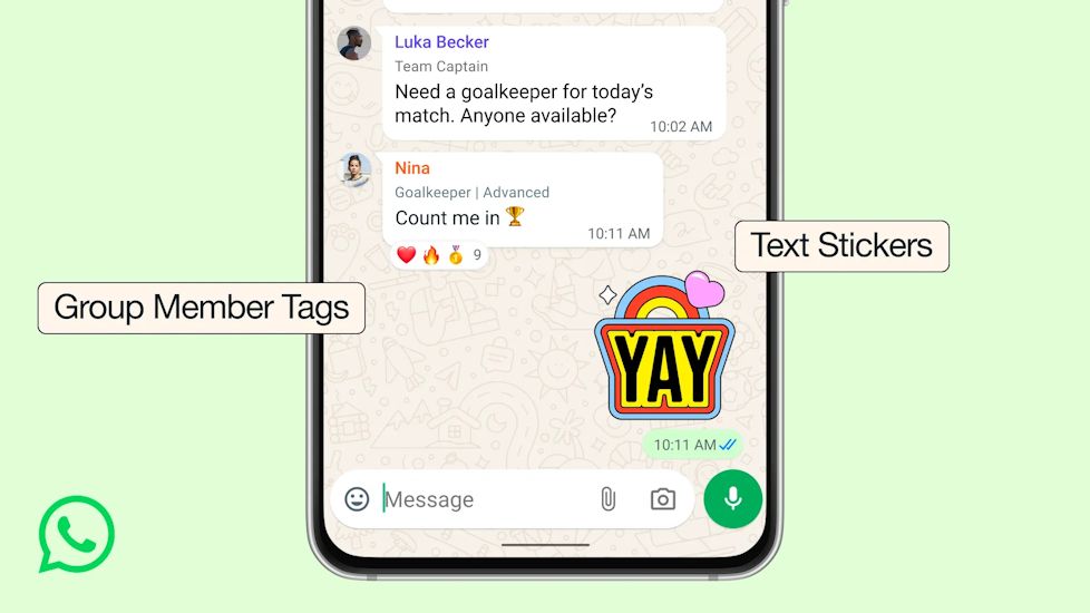 WhatsApp group chats member tags, text stickers features showcased