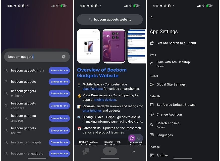 Arc search home page and settings
