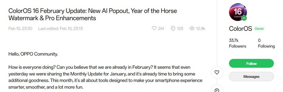 Oppo ColorOS 16 update announcement on community