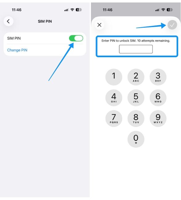 SIM PIN toggle and entering sim pin