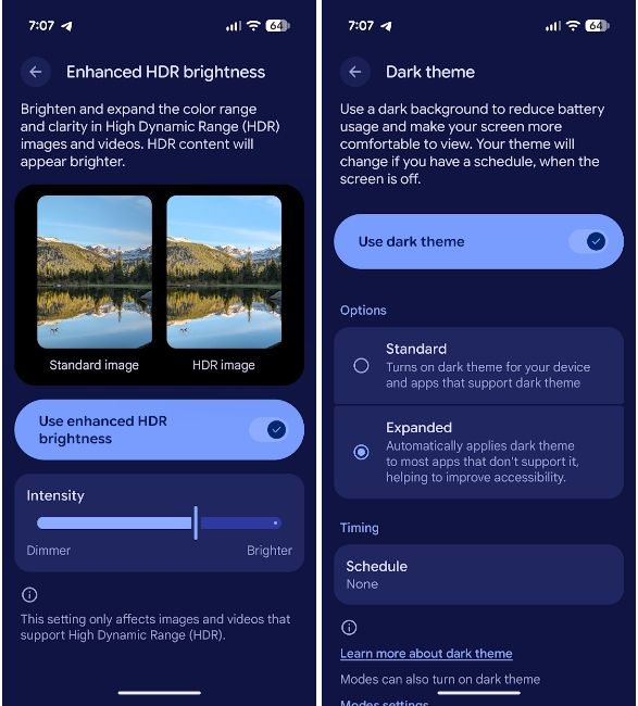 Enhanced HDR and Expanded Dark Theme settings