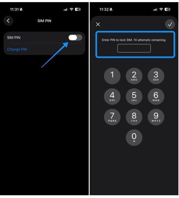 Enable SIM PIN and enter the default PIN