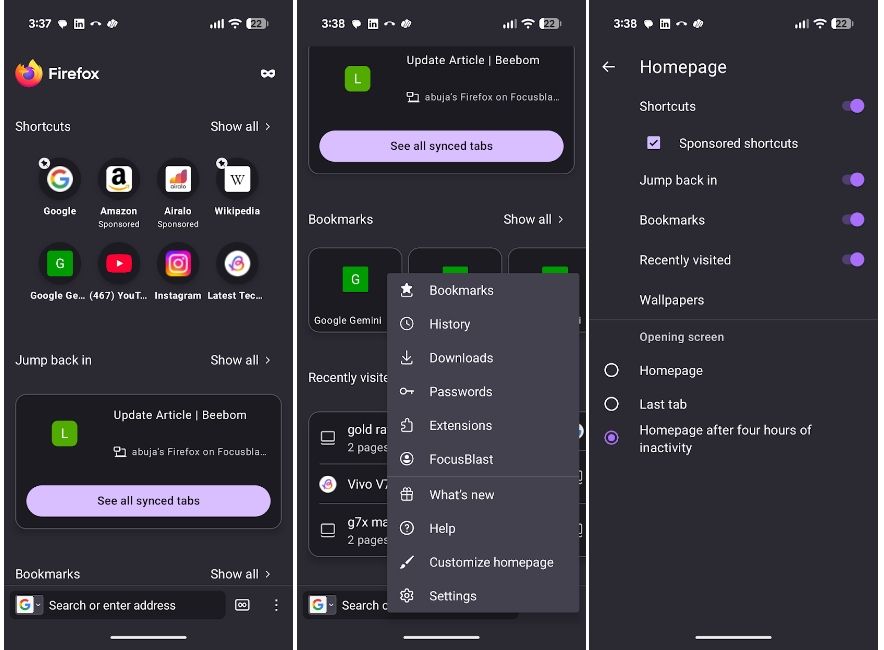 Firefox browser home page and settings